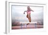 Athletic Woman Practicing Show Jumping against View of a Stadium-vectorfusionart-Framed Photographic Print