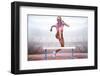 Athletic Woman Practicing Show Jumping against View of a Stadium-vectorfusionart-Framed Photographic Print