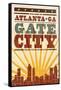 Atlanta, Georgia - Skyline and Sunburst Screenprint Style-Lantern Press-Framed Stretched Canvas