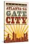 Atlanta, Georgia - Skyline and Sunburst Screenprint Style-Lantern Press-Stretched Canvas