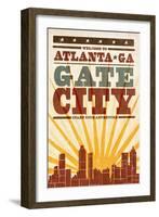 Atlanta, Georgia - Skyline and Sunburst Screenprint Style-Lantern Press-Framed Art Print