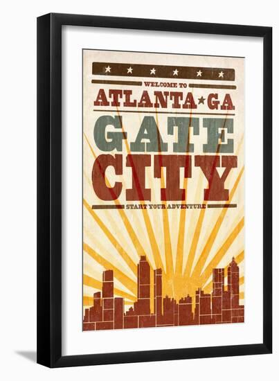 Atlanta, Georgia - Skyline and Sunburst Screenprint Style-Lantern Press-Framed Art Print