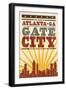 Atlanta, Georgia - Skyline and Sunburst Screenprint Style-Lantern Press-Framed Art Print