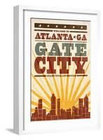 Atlanta, Georgia - Skyline and Sunburst Screenprint Style-Lantern Press-Framed Art Print