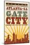 Atlanta, Georgia - Skyline and Sunburst Screenprint Style-Lantern Press-Mounted Art Print