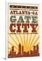 Atlanta, Georgia - Skyline and Sunburst Screenprint Style-Lantern Press-Framed Art Print