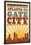 Atlanta, Georgia - Skyline and Sunburst Screenprint Style-Lantern Press-Framed Art Print