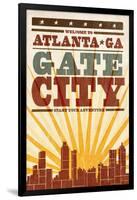 Atlanta, Georgia - Skyline and Sunburst Screenprint Style-Lantern Press-Framed Art Print