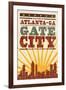 Atlanta, Georgia - Skyline and Sunburst Screenprint Style-Lantern Press-Framed Art Print