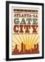 Atlanta, Georgia - Skyline and Sunburst Screenprint Style-Lantern Press-Framed Art Print