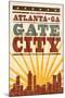 Atlanta, Georgia - Skyline and Sunburst Screenprint Style-Lantern Press-Mounted Art Print