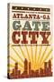 Atlanta, Georgia - Skyline and Sunburst Screenprint Style-Lantern Press-Stretched Canvas