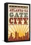 Atlanta, Georgia - Skyline and Sunburst Screenprint Style-Lantern Press-Framed Stretched Canvas