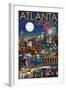 Atlanta, Georgia - Skyline at Night-Lantern Press-Framed Art Print