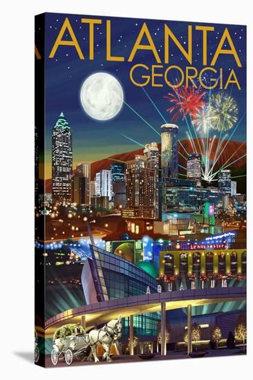 Atlanta, Georgia - Skyline at Night-Lantern Press-Stretched Canvas