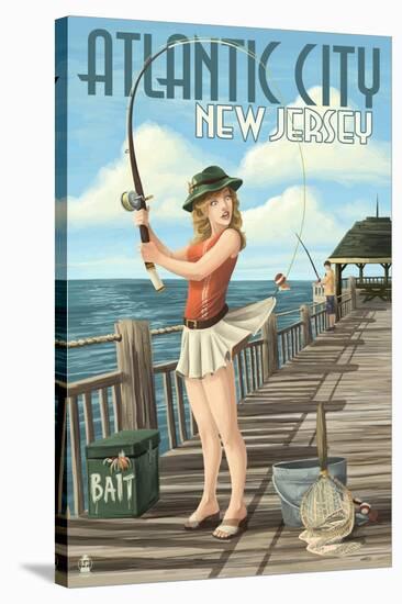 Atlantic City, New Jersey - Fishing Pinup Girl-Lantern Press-Stretched Canvas