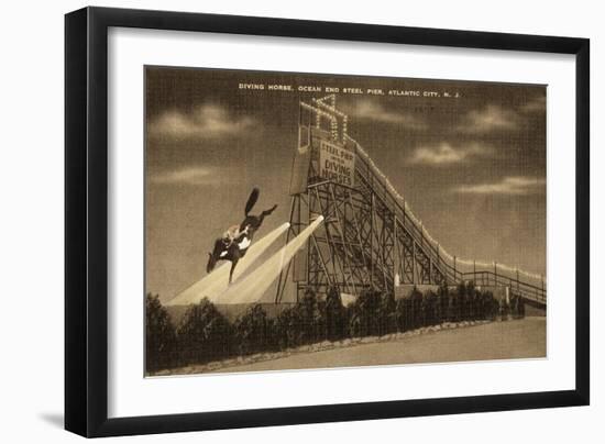 Atlantic City, New Jersey - Ocean End Steel Pier Diving Horse Scene - Sepia Version-Lantern Press-Framed Art Print