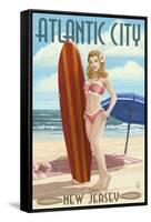 Atlantic City, New Jersey - Surfer Pinup Girl-Lantern Press-Framed Stretched Canvas