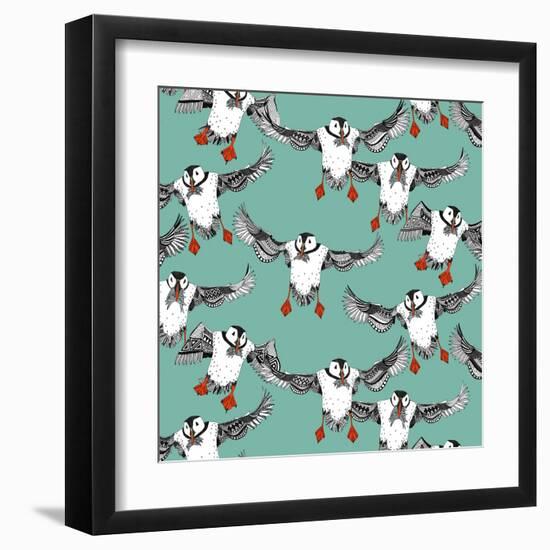 Atlantic Puffins Mint-Sharon Turner-Framed Art Print