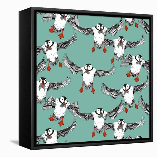 Atlantic Puffins Mint-Sharon Turner-Framed Stretched Canvas