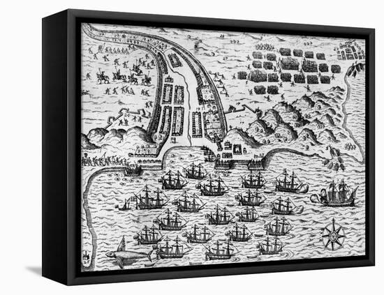 Attack on Santiago on 27th November 1585-Theodore de Bry-Framed Stretched Canvas