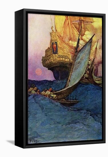Attacking a Galleon by Pirates. “” Book of Pirates Buccaneers and Marooners of the Spanish Main” By-Howard Pyle-Framed Stretched Canvas