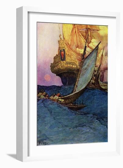 Attacking a Galleon by Pirates. “” Book of Pirates Buccaneers and Marooners of the Spanish Main” By-Howard Pyle-Framed Giclee Print
