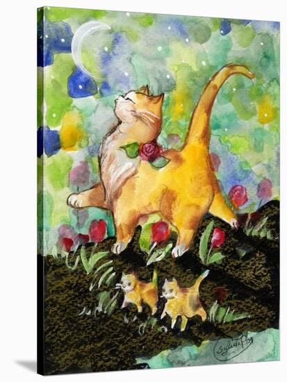 Attitude Momma Cat with Kittens Moon-sylvia pimental-Stretched Canvas