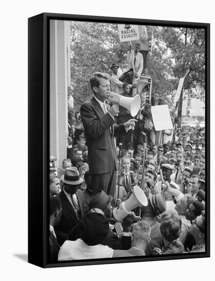 Attorney General Bobby Kennedy Speaking to Crowd in D.C.-Warren K^ Leffler-Framed Stretched Canvas