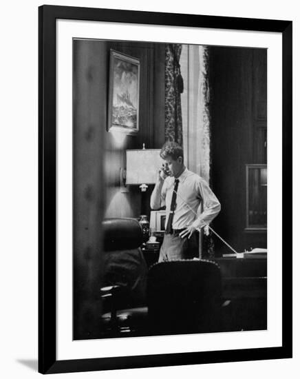 Attorney General Robert F. Kennedy, Talking on the Telephone in His Office-George Silk-Framed Photographic Print