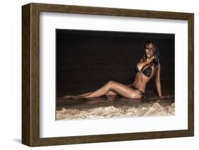 Attractive Brunette Lady Posing on the Beach at Night.-PawelSierakowski-Framed Photographic Print