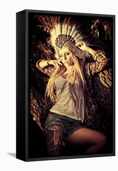 Attractive Modern Girl in Style of the American Indians. Western Style. Jeans Fashion. Tattoo.-prometeus-Framed Stretched Canvas