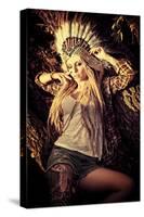 Attractive Modern Girl in Style of the American Indians. Western Style. Jeans Fashion. Tattoo.-prometeus-Stretched Canvas