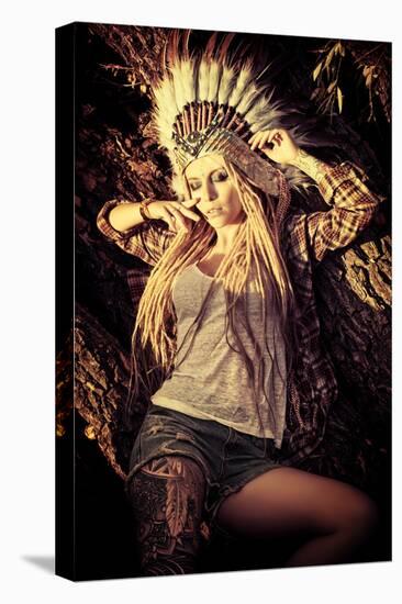 Attractive Modern Girl in Style of the American Indians. Western Style. Jeans Fashion. Tattoo.-prometeus-Stretched Canvas