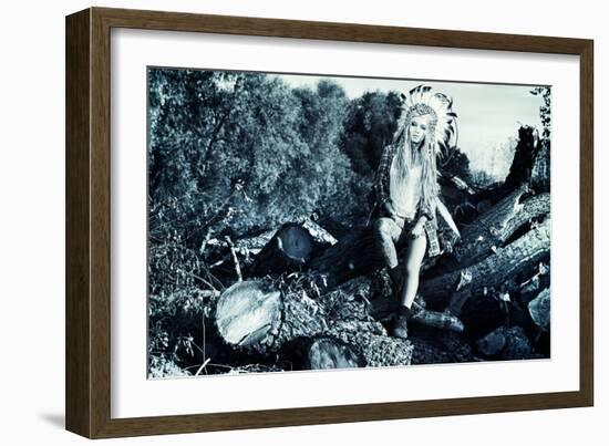 Attractive Modern Girl in Style of the American Indians. Western Style. Jeans Fashion. Tattoo.-prometeus-Framed Photographic Print