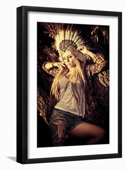 Attractive Modern Girl in Style of the American Indians. Western Style. Jeans Fashion. Tattoo.-prometeus-Framed Photographic Print