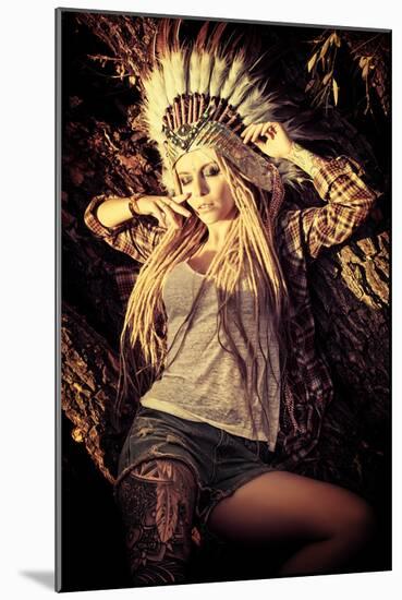 Attractive Modern Girl in Style of the American Indians. Western Style. Jeans Fashion. Tattoo.-prometeus-Mounted Photographic Print