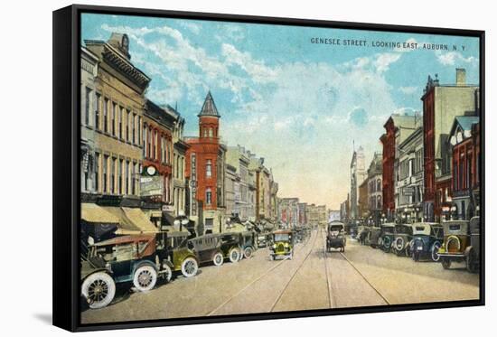 Auburn, New York - Eastern View Down Genesee Street-Lantern Press-Framed Stretched Canvas