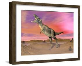 Aucasaurus Dinosaur Roaring in the Desert by Sunset-null-Framed Art Print