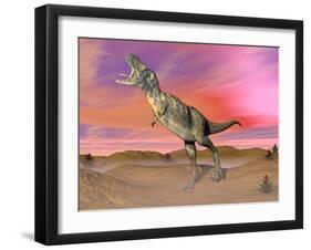 Aucasaurus Dinosaur Roaring in the Desert by Sunset-null-Framed Art Print