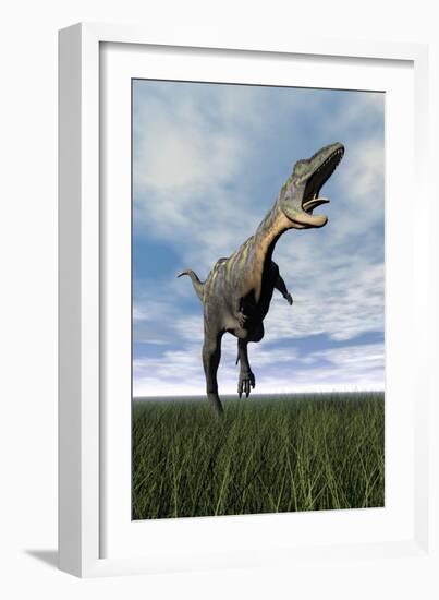 Aucasaurus Dinosaur Running on the Green Grass with Mouth Open-null-Framed Art Print