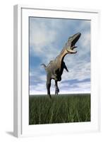 Aucasaurus Dinosaur Running on the Green Grass with Mouth Open-null-Framed Art Print