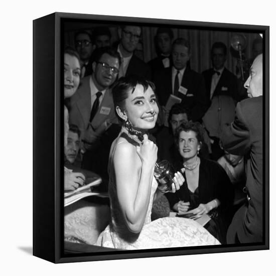 Audrey Hepburn, 1953. 26th Annual Academy Awards, Best Actress for "Roman Holiday"-null-Framed Stretched Canvas