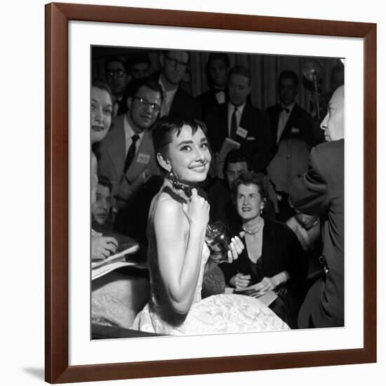 Audrey Hepburn, 1953. 26th Annual Academy Awards, Best Actress for "Roman Holiday"-null-Framed Photographic Print