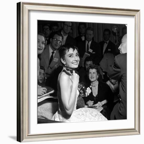 Audrey Hepburn, 1953. 26th Annual Academy Awards, Best Actress for "Roman Holiday"-null-Framed Photographic Print