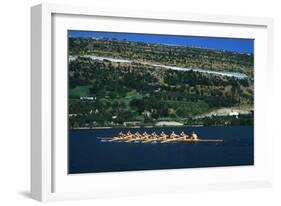 August 1960: U.S. Oar Crew Practicing on Lake Lugane, 1960 Rome Summer Olympic Games-James Whitmore-Framed Photographic Print