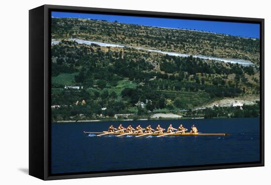August 1960: U.S. Oar Crew Practicing on Lake Lugane, 1960 Rome Summer Olympic Games-James Whitmore-Framed Stretched Canvas