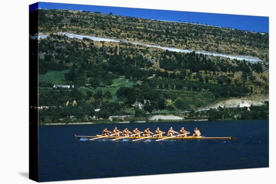 August 1960: U.S. Oar Crew Practicing on Lake Lugane, 1960 Rome Summer Olympic Games-James Whitmore-Stretched Canvas