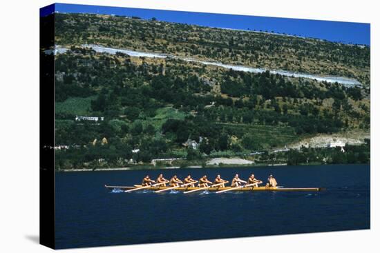 August 1960: U.S. Oar Crew Practicing on Lake Lugane, 1960 Rome Summer Olympic Games-James Whitmore-Stretched Canvas