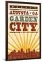 Augusta, Georgia - Skyline and Sunburst Screenprint Style-Lantern Press-Framed Art Print